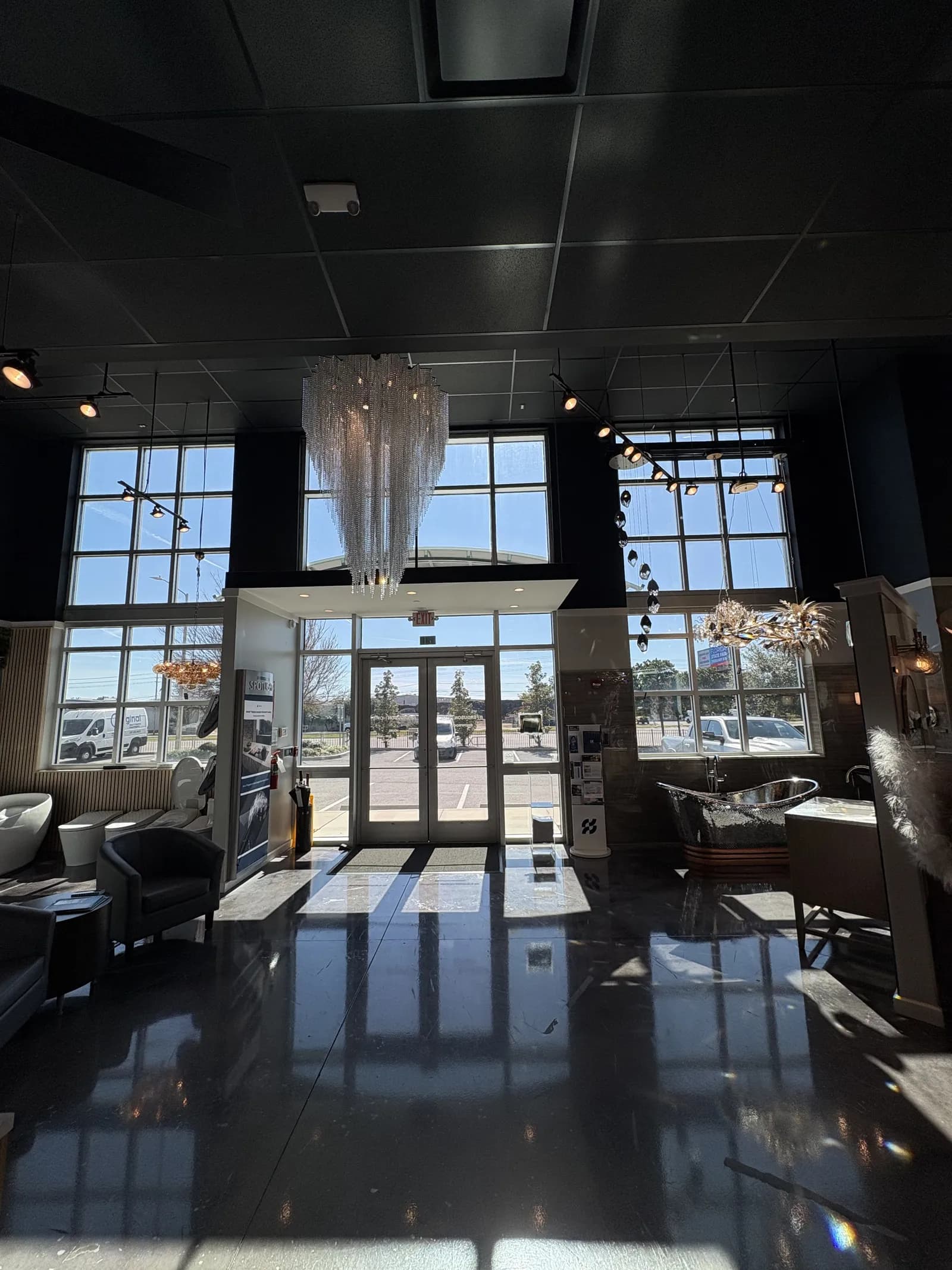 Luxury showroom window tint with chandelier